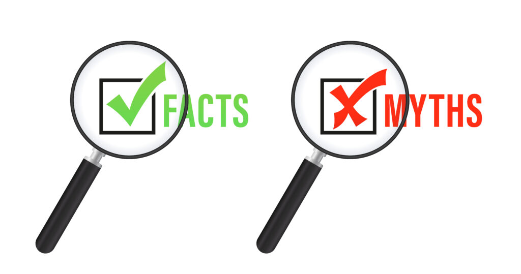 Facts,myths sign. True or false. Magnifying glass with facts or myths. Concept of thorough fact-checking or easy compare evidence. Facts, great design for any purposes. Vector illustration