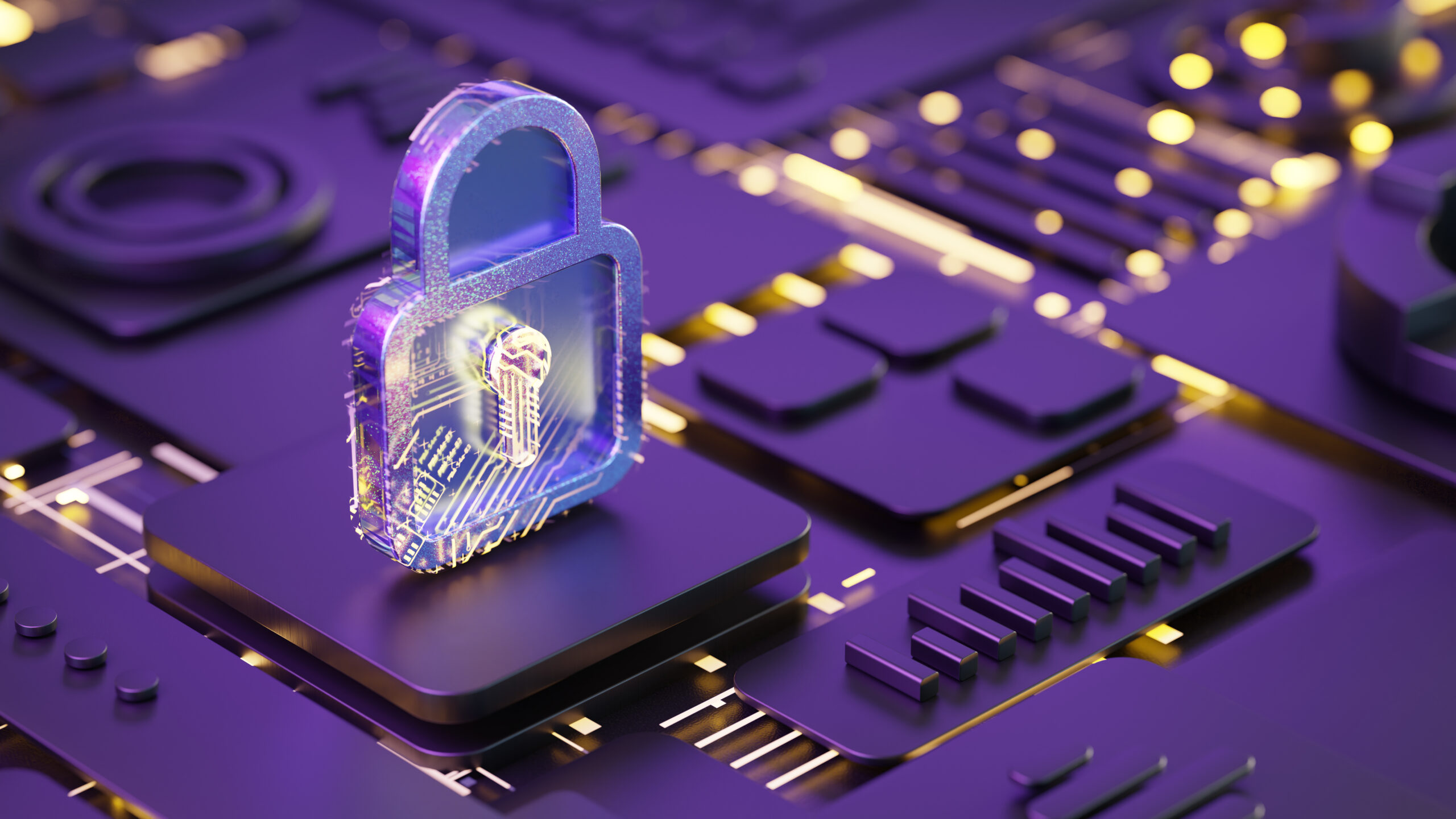 losed lock icon on abstract 3D purple background with yellow glowing elements as symbol of network server, data or business network